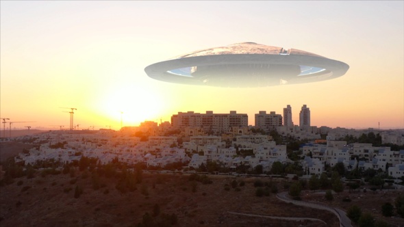 Large Ufo flying saucer over Jerusalem City- Aerial view