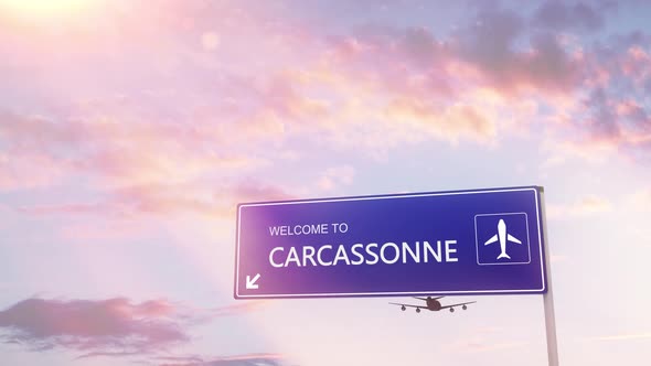 Carcassonne City Sign Plane Landing in Daylight