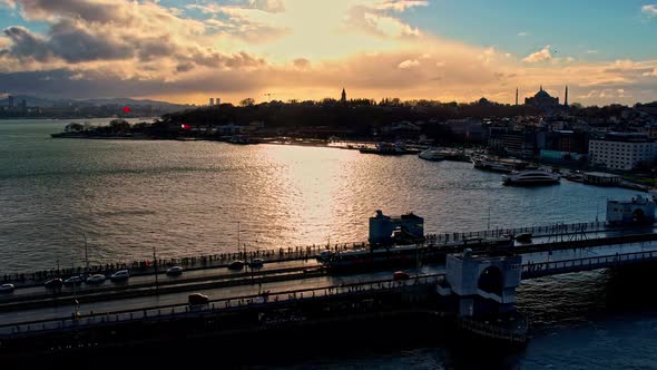 Aerial View of Galata Bridge at Sunrise