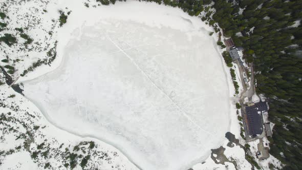 Frozen Poprad lake (Popradske pleso), High Tatras National Park, Slovakia Aerial