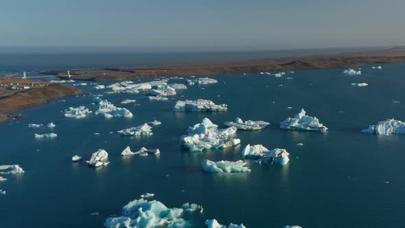 Birds Eye View of Jokulsarlon Lake with Iceberg Floating and Drifting