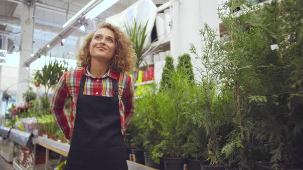 Portrait of Pretty Woman Gardener Putting on Apron Working in Greenhouse