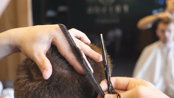 Male Hands of Hairdresser Combing and Cutting Hair of Customer By Hairbrush and Scissors in Salon