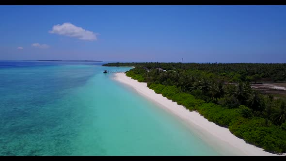 Aerial flying over texture of relaxing tourist beach journey by blue green lagoon with bright sand b