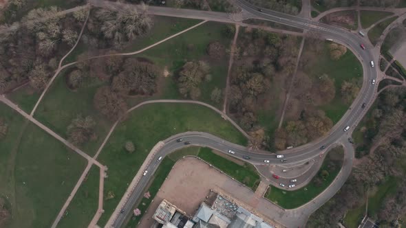 Over head drone shot of busy winding road Alexandra palace grounds