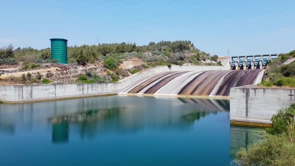 Aerial View of Water Reservoir Concrete Rapid and Closed Reservoir Locks of a Dam