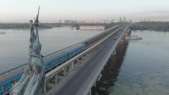 Aerial View of the Metro Bridge. Station Dnipro. Kyiv, Ukraine.