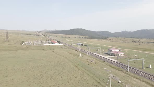 Samtskhe-Javakheti, Georgia - August 23 2021: Aerial view of Bedeni railway station