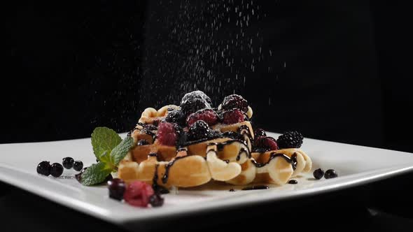 Sugar Powder Being Poured Over Waffle on Black Background in Slow Motion. Delicious Sweet Dessert