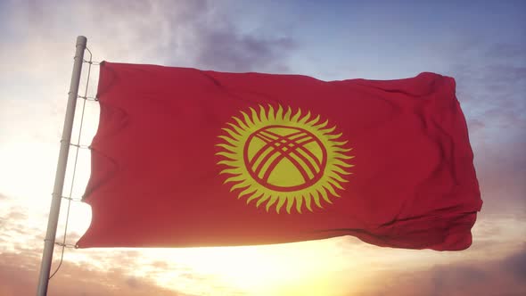 Kyrgyzstan Flag Waving in the Wind Sky and Sun Background