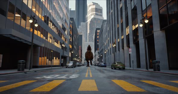 Tyrannosaurus Rex Walks Down a New York Street