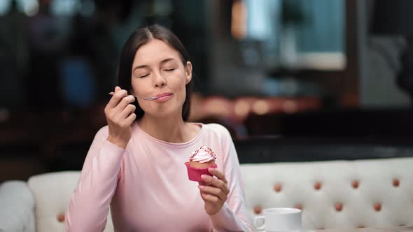 Portrait Pleasant Woman Eating Sweet Dessert at Cafe Smiling