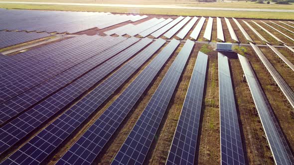 Aerial Drone View Flight Over Solar Power Station Panels