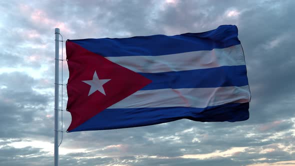 Realistic Flag of Cuba Waving in the Wind Against Deep Dramatic Sky.  UHD 60 FPS Slow-Motion