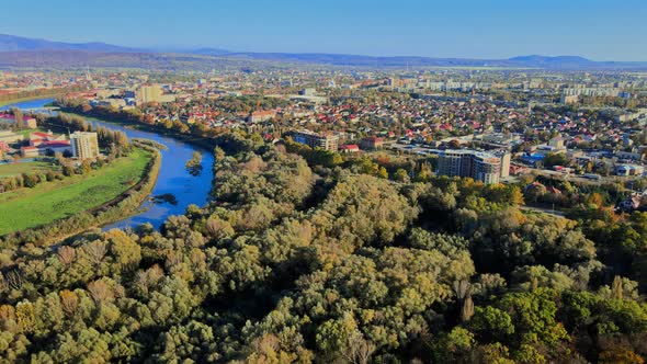 Panoramic View Uzhhorod Ukraine Europe on a Small City Over the Uzh River at Above in the Autumn