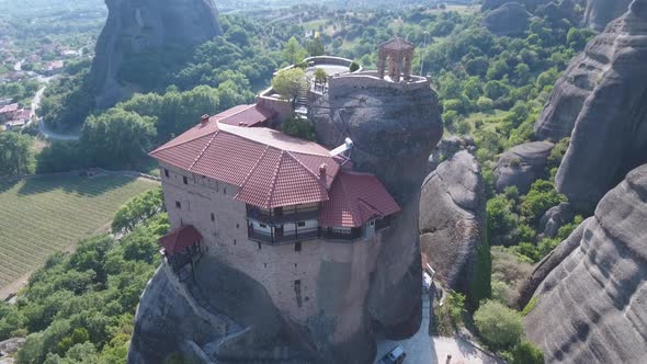 Flying over Monastery of Agios Nikolaos Anapafsas - Meteora in Greece