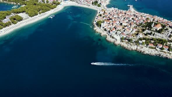 Aerial view of Primosten in Sibenik province, Croatia.