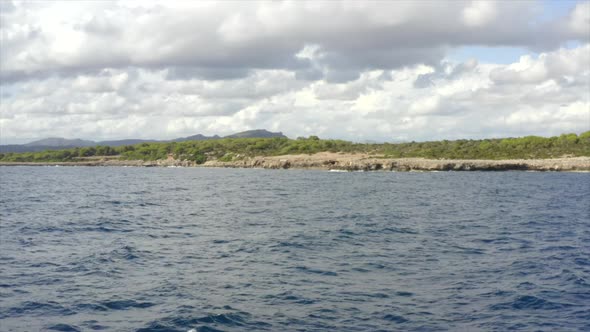 AERIAL: Tropical Island Rock Coast with Jungle Forest in the Background Sunny Weather, Sunshine 