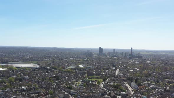 High slider drone shot of Croydon suburban London on a sunny day