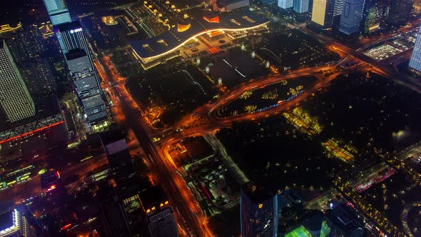 Shenzhen Central Business District Aerial Panorama China Timelapse at Night Pan Up