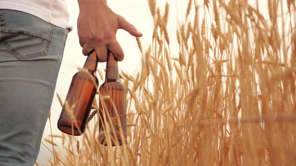 Farmer Brewer Carries Fresh Cold Beer Through a Field of Ripe Wheat