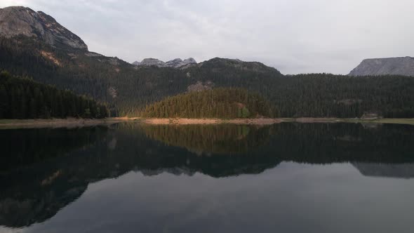 Aerial view of the Black Lake or Crno jezero , Montenegro, Zabljak, Europe