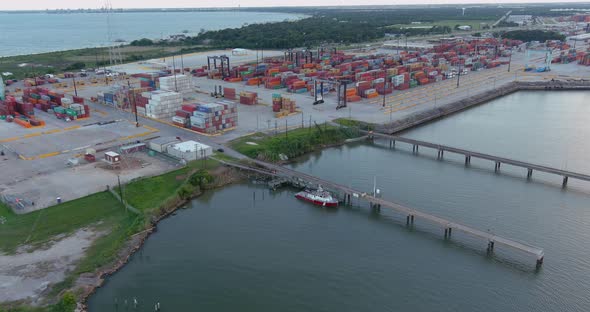 Aerial establishing shot of large shipping port in La Porte, Texas