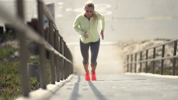 A woman running stairs