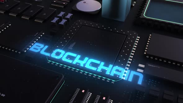 blockchain header on the background of a chip with many processes. 