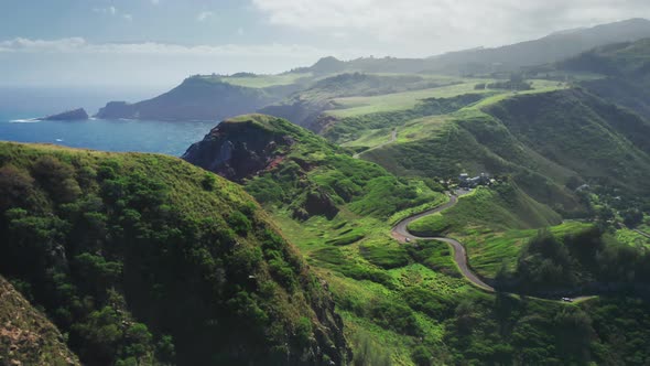 Cinematic Aerial Panorama Wild Nature of Tropical Island Maui Coast Hawaii USA