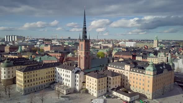 Push in towards Old City. Aerial Shot of Galma Stan, Stockholm, Sweden