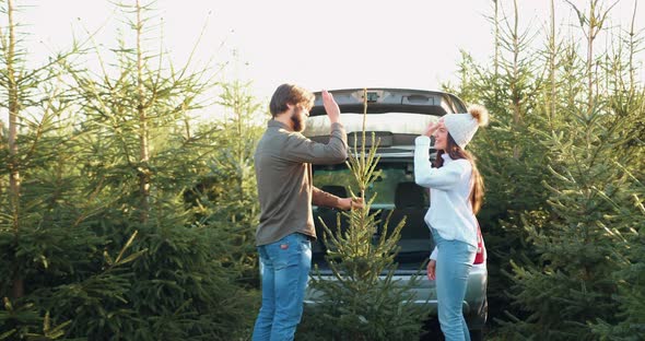 Young Couple in Love which Standing Near their Car Among Green Plantings with Fir Trees