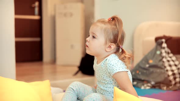 Little Girl Watching Cartoon. Kids Leisure And Entertainment. Children Watching Fairy Tale Story.