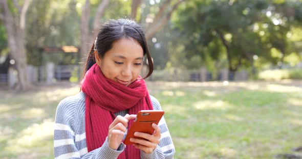Woman Looking at Mobile Phone in Park