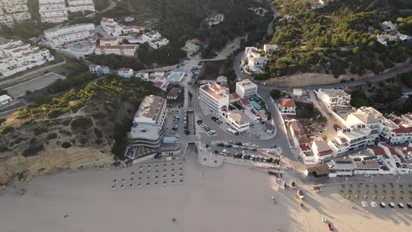 Birds eye view of the beachfront in Salema, Portugal