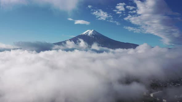 Aerial view 4k video by drone of Mount Fuji and mist at yamanashi , Japan