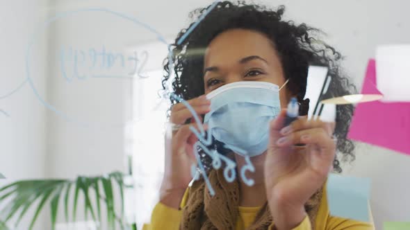 Woman wearing face mask writing on glass board on her desk at office