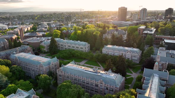 Orbiting aerial of The Quad during sunset at the University of Washington.