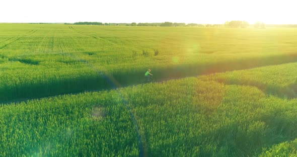 Aerial View on Young Boy That Rides a Bicycle Thru a Wheat Grass Field on the Old Rural Road