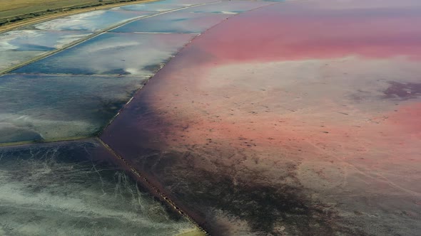 Beautiful top view of the salty, pink lake, Beautiful pink sunrise