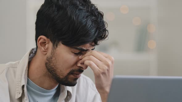 Closeup Male Face Arabic Hispanic Man Bearded Guy Working with Laptop Feels Stress Suffering From