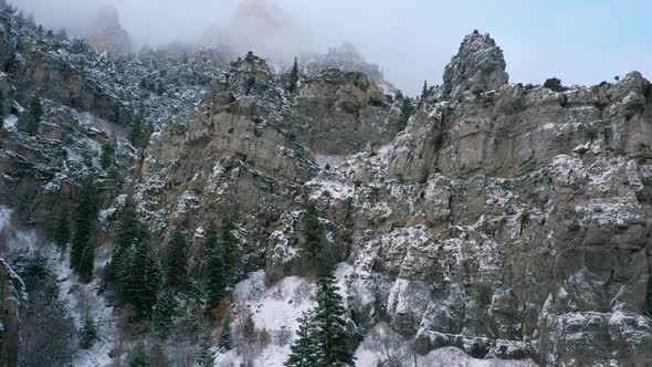 Aerial view flying between pine trees towards snow covered rocky cliffs