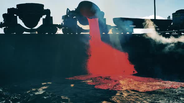 Steel Ladle is Discharging Molted Copper From the Railroad