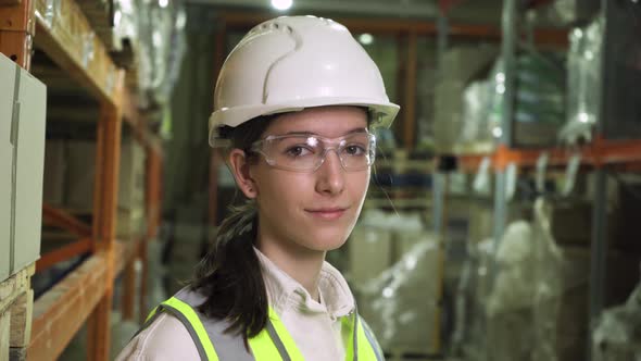 Portrait of a Female Worker in a Protective Vest Hard Hat Wearing a Medical Mask