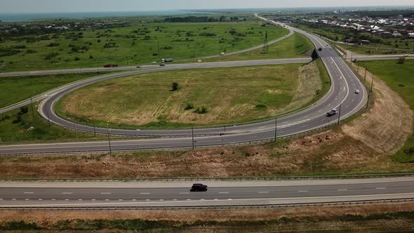  Aerial Fly Over Modern Highway Road Intersection on Rural Landscape