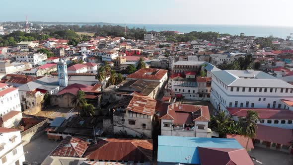 Aerial View of Stone Town Zanzibar City Slum Roofs and Poor Streets Africa