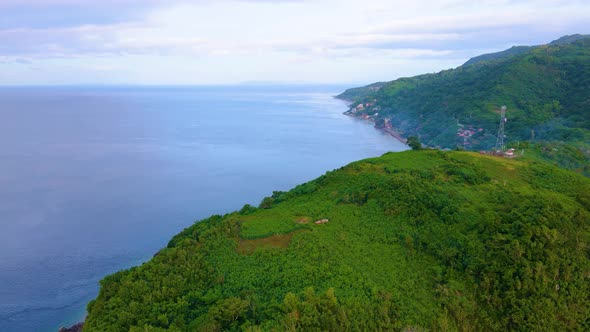 Peaceful Bay View Island Green Grass Plants Blue Sea Aerial Drone Jib Down