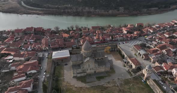 Aerial view of Orthodox Svetitskhoveli Cathedral in Mtskheta, Georgia