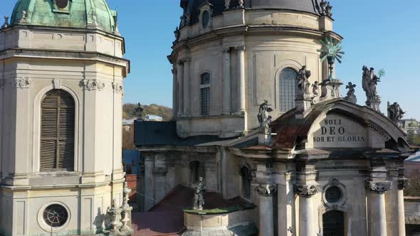 Aerial Video of Dominican Church in Central Part of Old City of Lviv, Ukraine