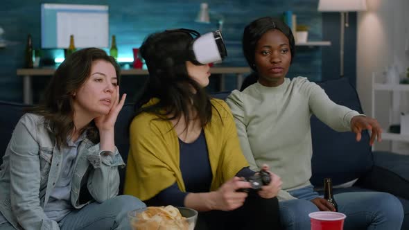 Excited Woman Spending Time with Mixed Race Friends Experiencing Virtual Reality